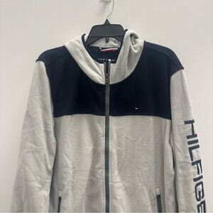 Tommy Hilfiger Full Zip Jacket L Men's Spellout Long Sleeve Light Gray/Blue